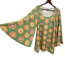 Smak Parlour Smiley Dress Womens Medium Mint Smiley Daisy Print Bell Sleeve Mini