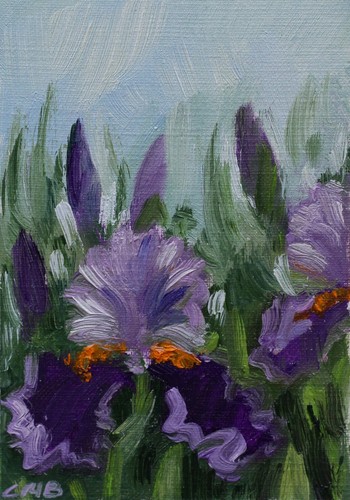 Purple Irises ACEO Original Oil Painting Collectible Card 2.5"x3.5" Handmade Art