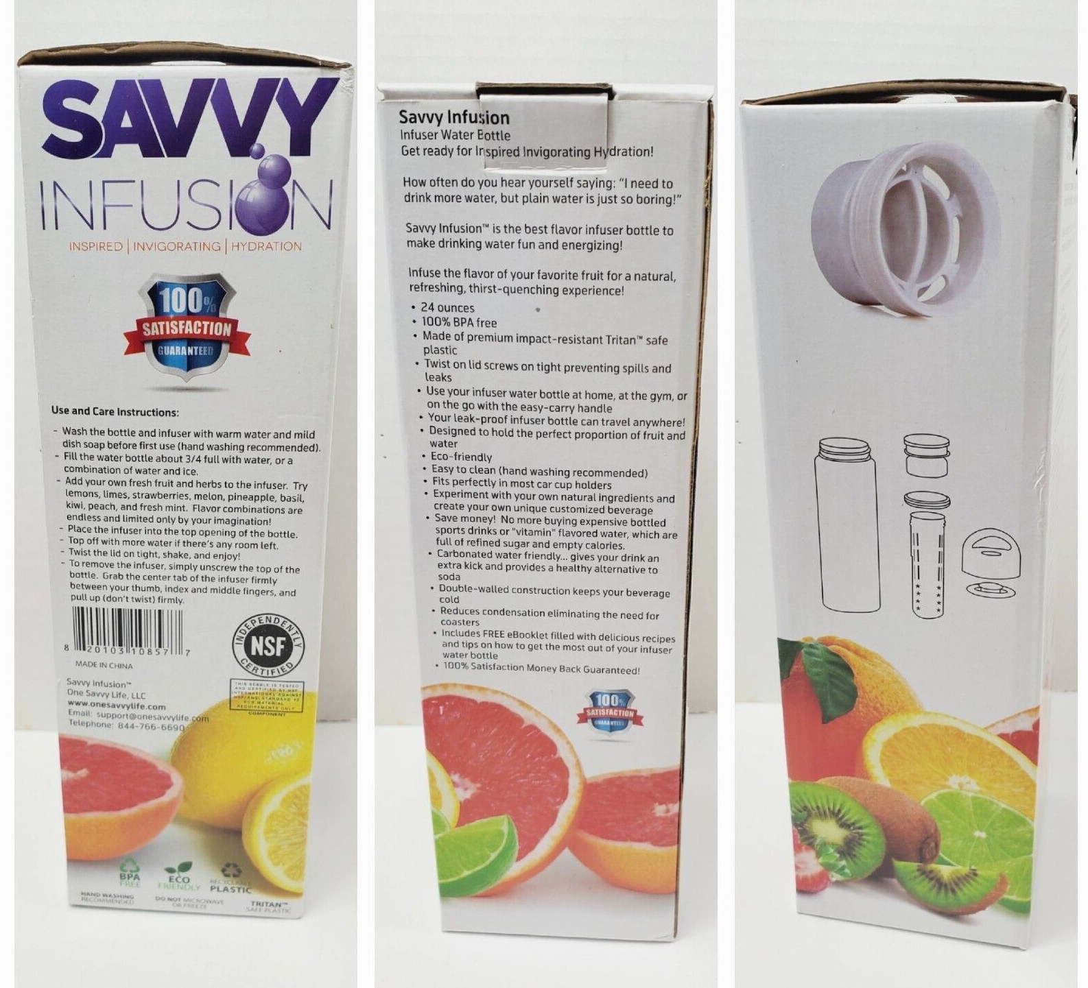 NEW Savvy Infusion Water Bottles Fruit Infuser Bottle Tritan Plastic