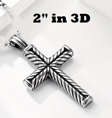 Large 3D CROSS FAITH PRAY Pendant on 20'' 925 Plated Sterling Silver Necklace Men