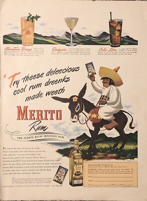 1948 Merito Puerto Rican Mountain Rum VTG 1940s PRINT AD Donkey Cocktail Recipes
