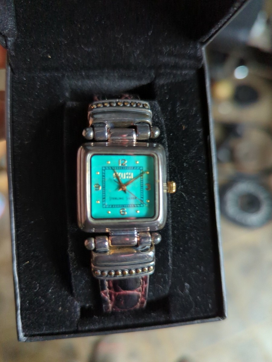 ECCLISSI Turquoise And Sterling Silver Square Face Watch with Brown Strap Vintage Ecclissi Sterling Silver Western Watch Turquoise  main image 2
