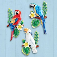 Parrot Bird Tropical Wall Art Hanging Metal Macaw Trio Indoor Outdoor Wall Decor