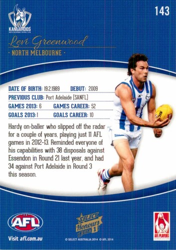 Signed 2014 NORTH MELBOURNE KANGAROOS AFL Card LEVI GREENWOOD - Picture 2 of 2