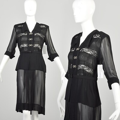 black sheer peplum dress Small 1940s LBD Sheer Black Lace Peplum Dress