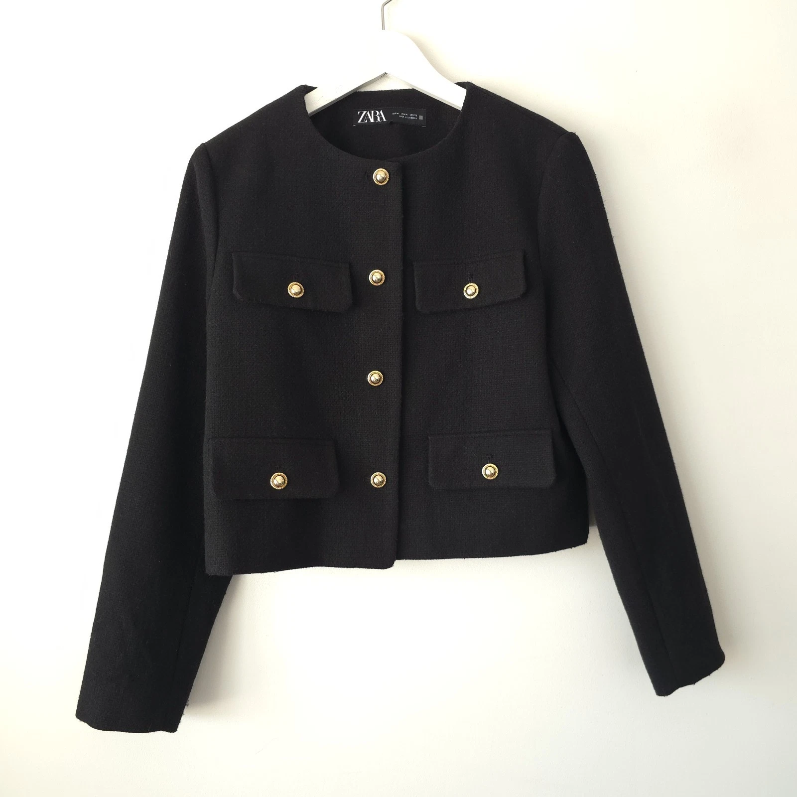 Zara Black Boucle Short Textured Blazer Jacket Size M Medium 12 14