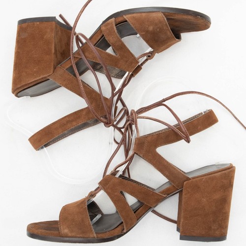 Stuart Weitzman Walnut Suede Tie Girl Bingo Sandals Heels Size 7.5 - Picture 5 of 13