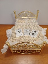 Vintage Dolls House Furniture -  Metal Sprung Bedrame with Mattress, Pillows etc