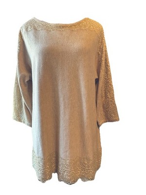 Chico's 2 $99 Sz M NEW Lace Neck Amina Pullover Sweater Tunic Camel 3/4 Sleeve