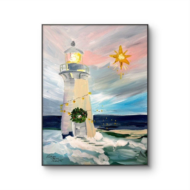 Christmas Lighthouse 12"x16"  Original  Abstract Acrylic Painting Canvas
