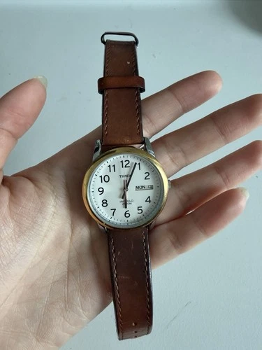 Vintage Timex Indiglo Day Date Watch White Face Brown Leather Strap Large