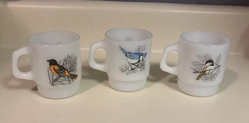 3 VTG Anchor Hocking Fire King Bird Collection White Milk Glass Jay Coffee Mug