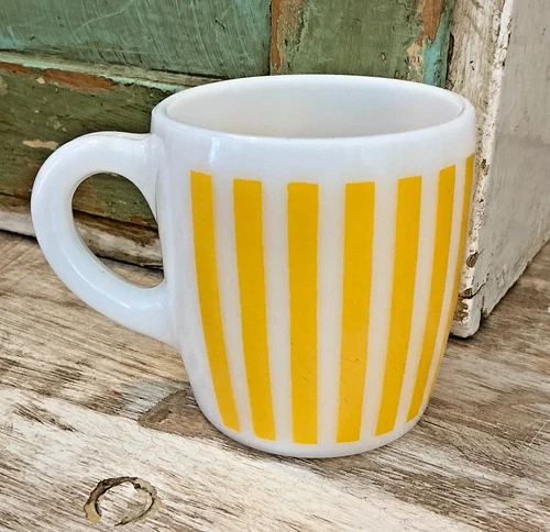Vintage 1950s Hazel Atlas Yellow Candy Stripe Milk Glass Mug Coffee Cup MCM