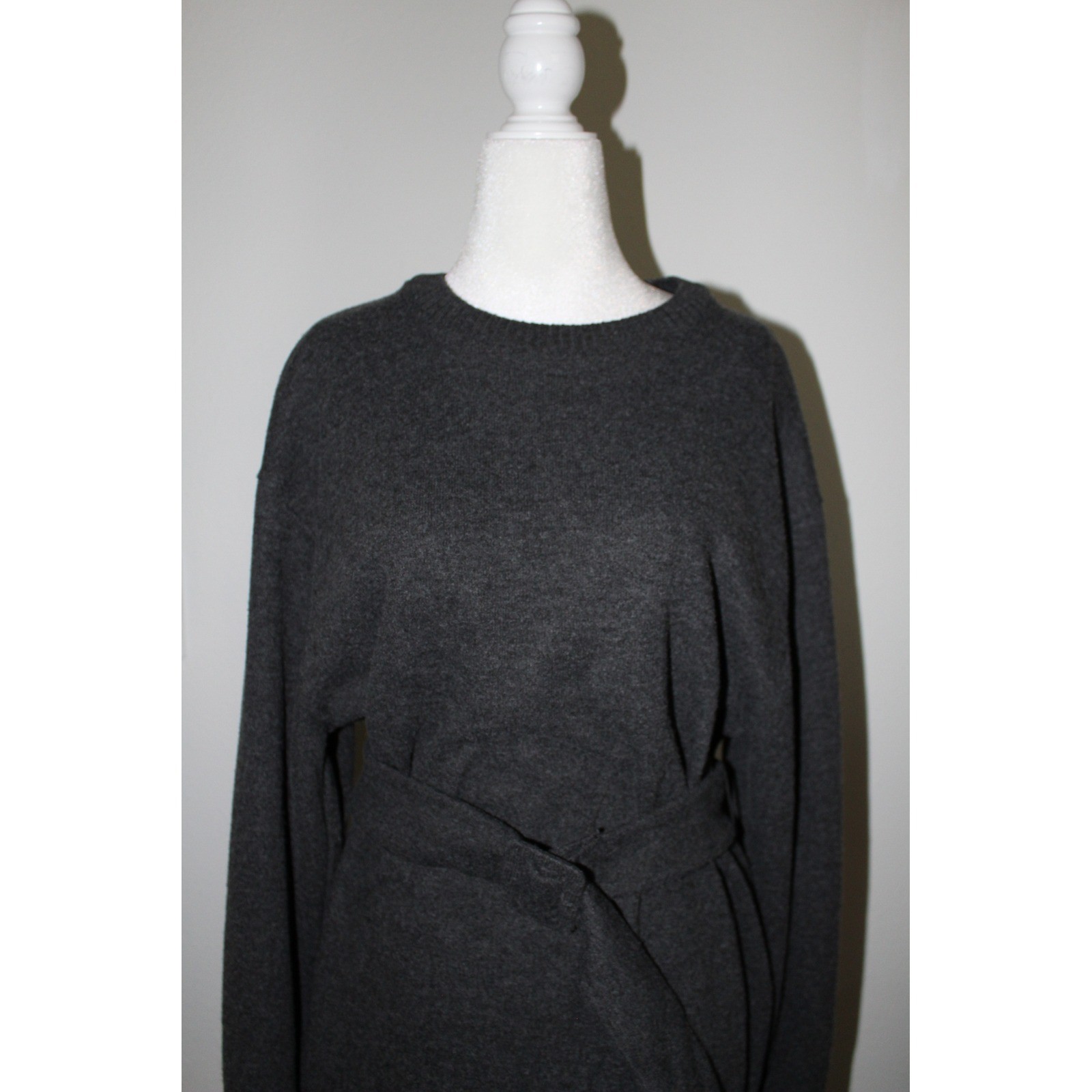 ZARA Women Charcoal Gray Long Sleeve Knit Belted Sweater Midi Dress Size L NWT image 3