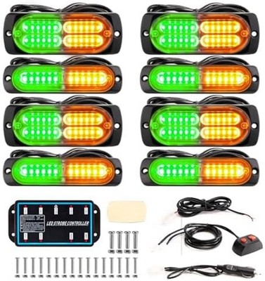 8Pcs Green Amber LED Emergency Strobe Lights Surface Mount with Controller