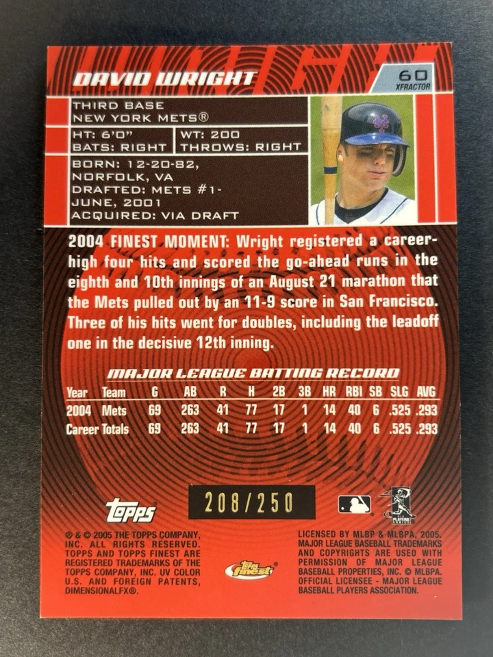 David Wright/250 X-Fractor 2005 Topps Finest #60 New York Mets Foto 2 de 2