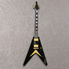 Black Flying V Electric Guitar Gold Hardware HH Pickups White Block Inlay 6sting