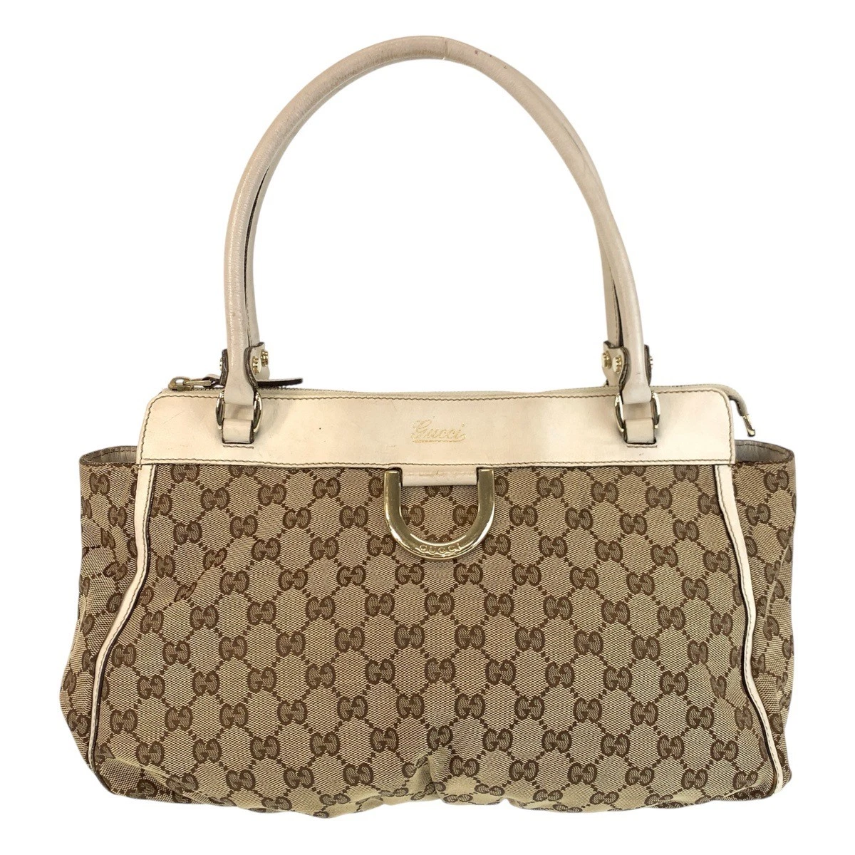 Sac fourre tout GUCCI beige blanc or métal garnitures GG toile cuir 189831 Shou