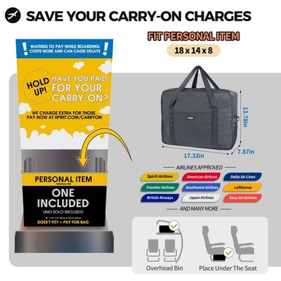 18 x14 x8 travel tote bag For Spirit Airlines Personal Item 18x14x8 Foldable Duffel Bag Carry on Luggage Duffle Overnight for Women and Men (1112-Black) avoiding carry Personal Item Bag 18x14x8 Travel