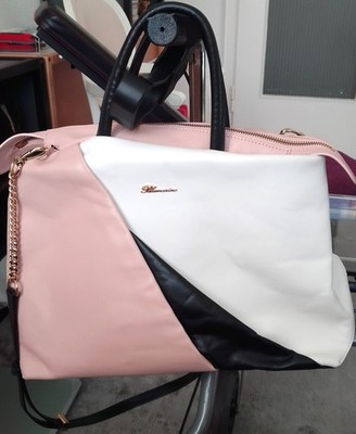 Lederhandtasche von Blumarine in Schwarz, Weiß, Rose mit Schultergurt u Reißvers