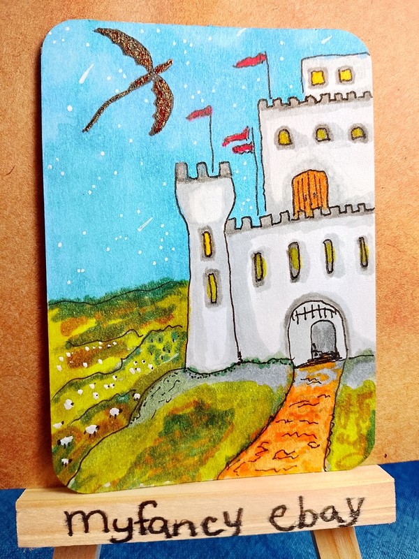 ACEO  ATC  Castle and patrol Dragon painting new 3.5" x 2.5" myfancy