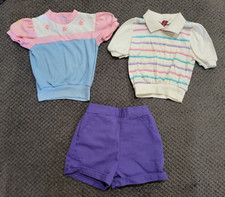 Vintage 80s Striped Shirts Purple Shorts Size 2T Toddler Girl Set Made USA