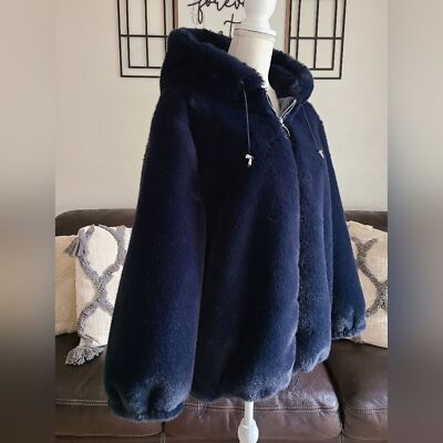 REBECCA MINKOFF ARIA WOMEN'S FAUX FUR HOODED ZIP FRONT JACKET NAVY
