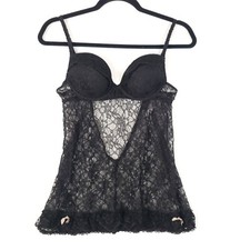 Victorias Secret Babydoll Lingerie Lightly Padded 36B Black Lace Vtg 2009 Bow