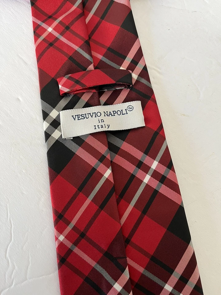 Corbata Vesuvio Napoli Italia Roja Negra Cuadros Clásica Preppy Foto 3 de 3
