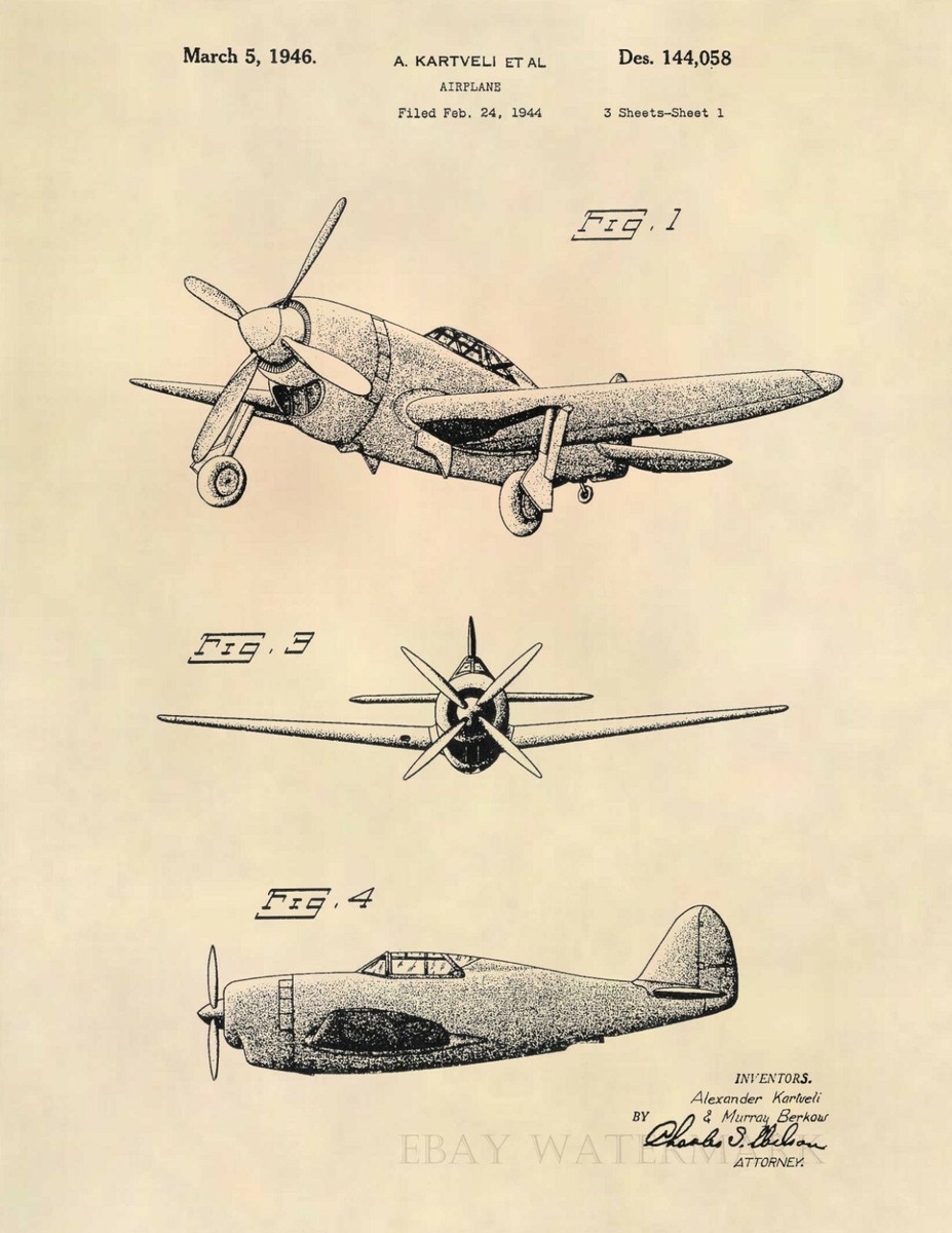 Vintage Airplane 1940s Official US Patent Art Print- Antique