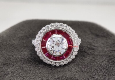 Art Deco Ring, Double Halo Bezel Set Ring, Ruby Target Ring