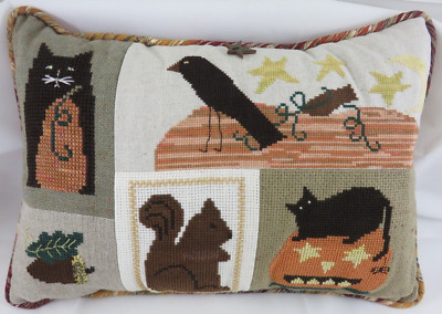 Pumpkin Cat Squirrel Halloween Fall Pillow Cross Stitch COMPLETED
