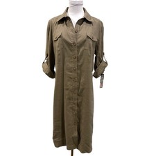Tahari Arthur Levine Olive Green Midi Shirt Dress Linen Blend 14 Safari Utility 