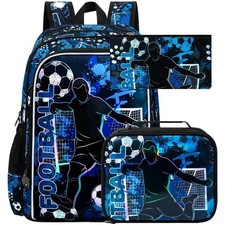 gxtvo 3PCS Boys Soccer Backpack, 17" Kids Football Bookbag with Lunch Box, Wa...