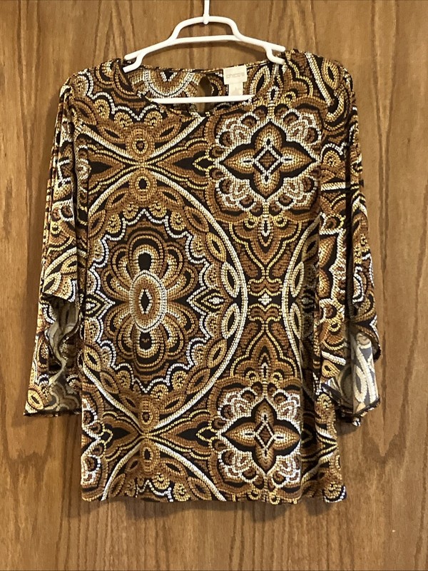 Chico’s Size 1 (med 8) Tunic Top With Bell Selves And Key Hole Back