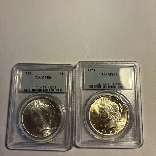 (2) Two 1922 and 1923 Peace Silver Dollars $1 PCGS MS64