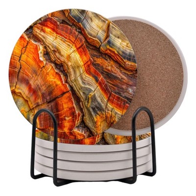 Petrified Wood Agate Round Coasters Set of 6 - Abosrbent 4 Inch, Multicolored