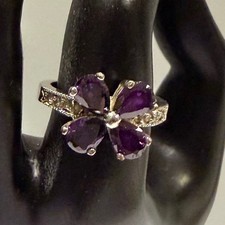 Silver Tone Purple Amethyst Flower Cocktail Ring Sparkling Accents Size 8