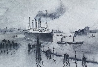 Bild-Original-Picture-Hafen- Landungsbrücken-Hamburg-Aquarell  19 X 26 cm 