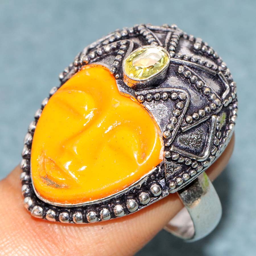 Carved Face Yellow Agate Citrine 925 Silver Plated Ring US 9 Most Beautiful JW