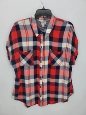 Como Vintage Top Womens XL Red White Blue Plaid Short Sleeve Flowy Boho Pockets
