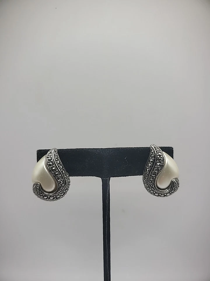 Pendientes Vintage Perforados Poste Marcasita Tono Plata Blanco Joyería Disfraz Foto 4 de 4