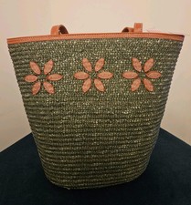 Clarks Green Woven Tote Bag With Orange Floral Embroidery Tan Straps New
