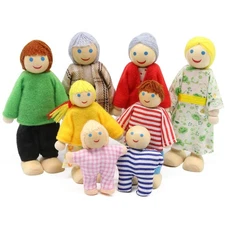 Lovely Happy Dollhouse Dolls Family Set of 8 Wooden Figures for Children Hous...