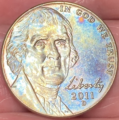 2011-D Jefferson Nickel Beautiful Lustrous Gold/Rainbow Toned Coin #8 - Picture 3 of 12