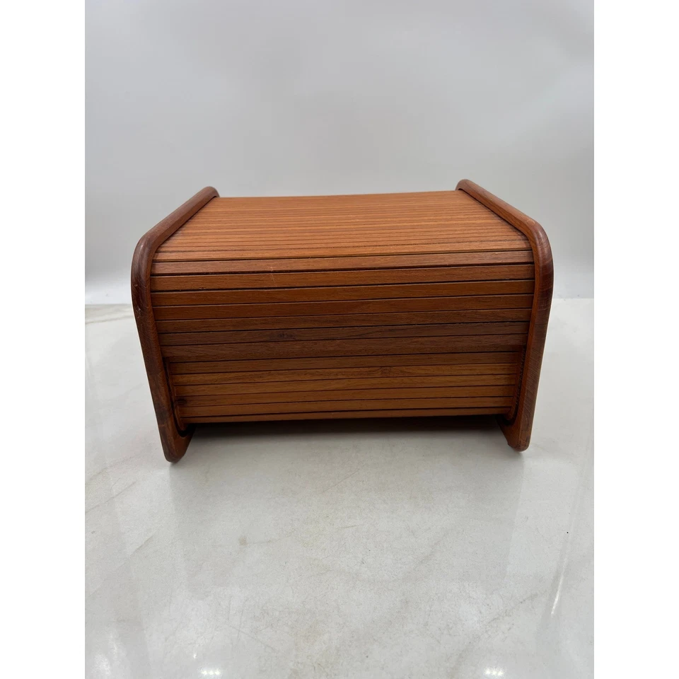 Caja de almacenamiento de pandereta de madera de teca de colección con 2 compartimentos moderna de mediados de siglo Foto 3 de 4