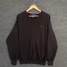 Tommy Hilfiger Mens Jumper XL Black Long Sleeve V Neck Sweater Winter Warm Logo