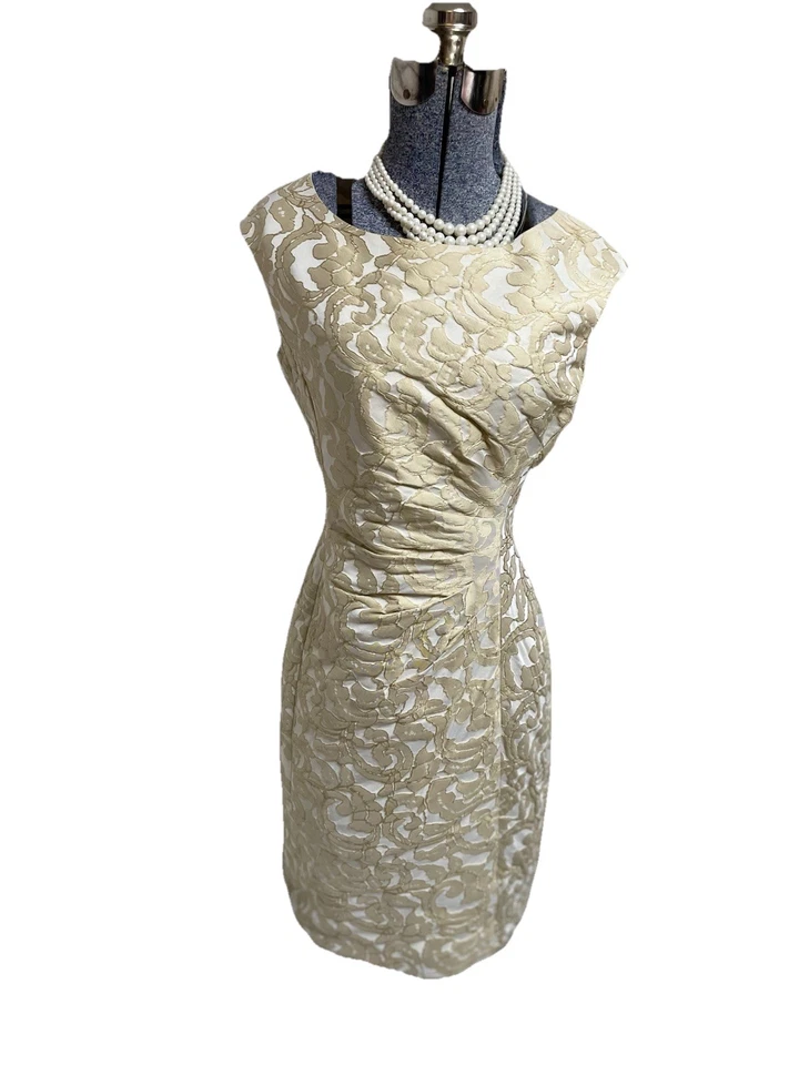 Vestido Ralph Lauren Talla 6 Se Ajusta Como 4 Vestido Vaina Dorado Y Crema Jacquard Cinch Foto 4 de 4