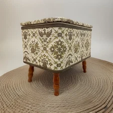 MCM Sewing Box Wooden Footstool Eagle Upholstery VTG Storage Footed Ottoman Lid