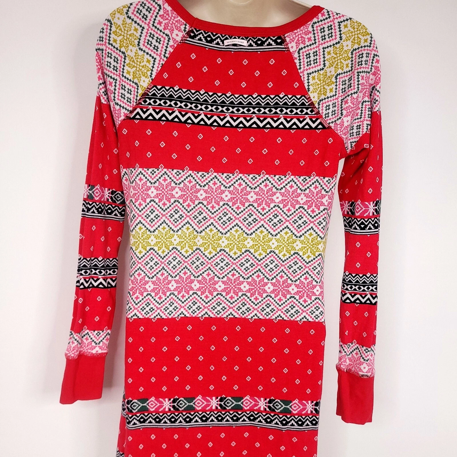 UNDERCOVER Victorias Secret Sleep Shirt Vestito XS Multicolore Manica Lunga Termico Fiocco di Neve
